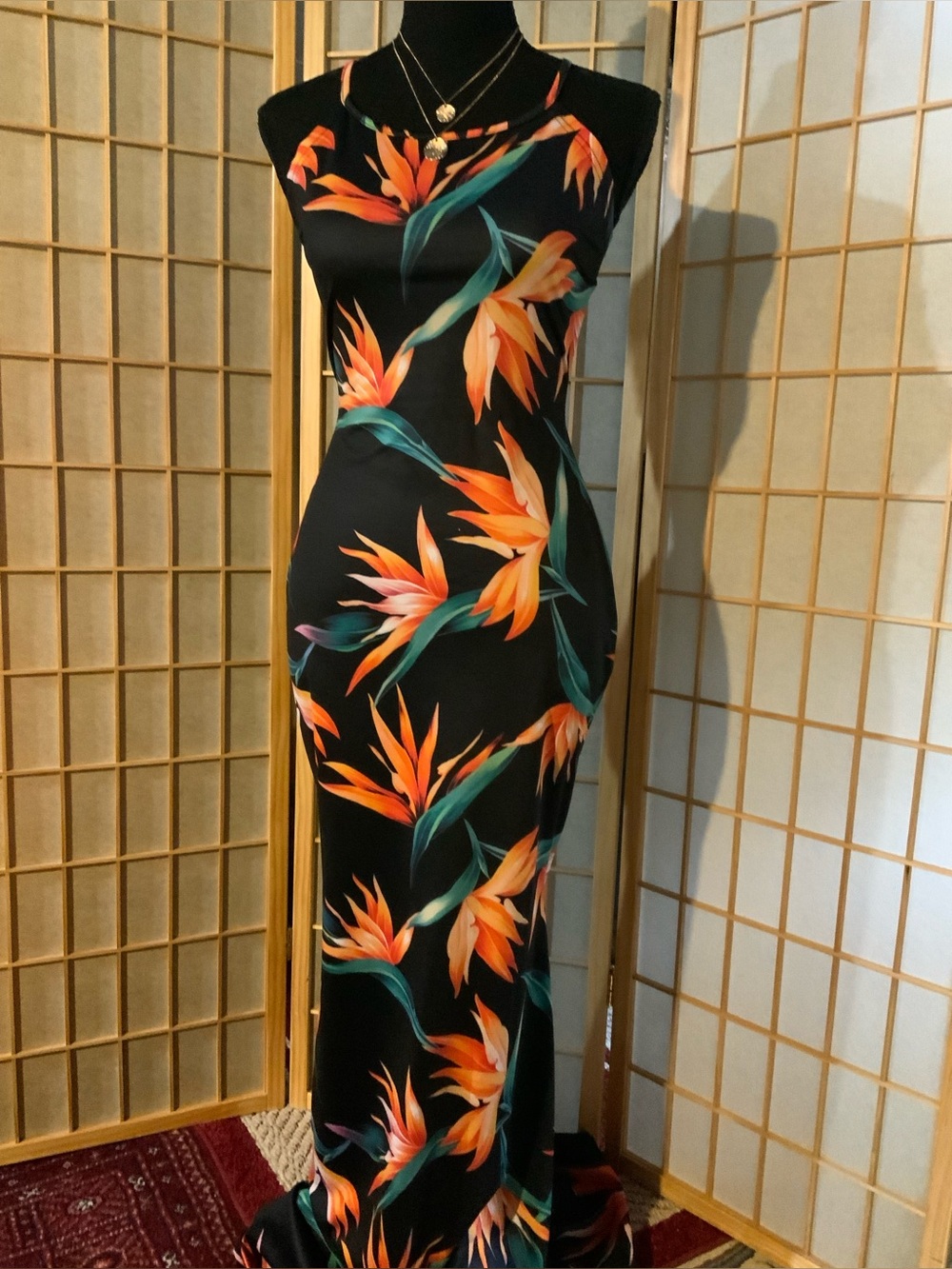 Black Floral Maxi Dress with Orange Tropical Print